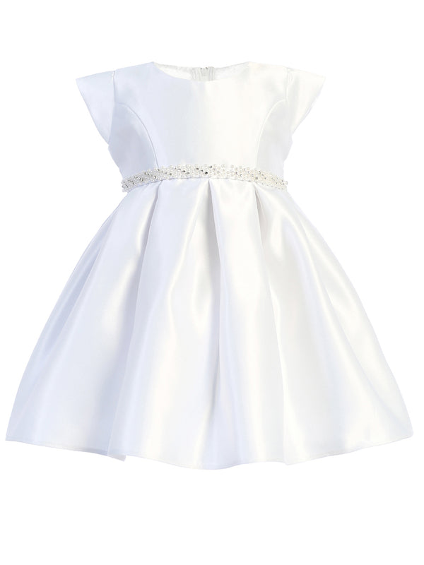 Sweet Kids Baby Girls White Pleated Satin Pocketed Christening Dress 6-24M - SophiasStyle.com